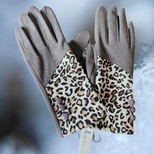 NWT HADLEY WREN Gloves OSFM Leopard Gray and Button Detail